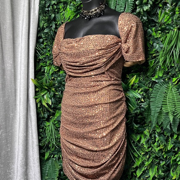 PrettyLittleThing Sequin Dress USA 16 Mini Ruched Bodycon Party Cocktail 2956‎ - Picture 1 of 9